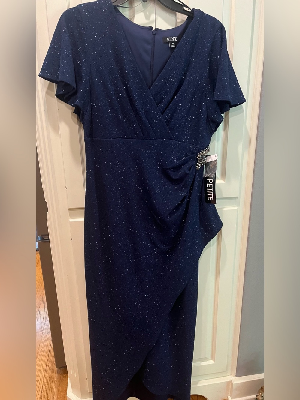 SLNY Navy Sparkle Wrap-Style Midi Dress